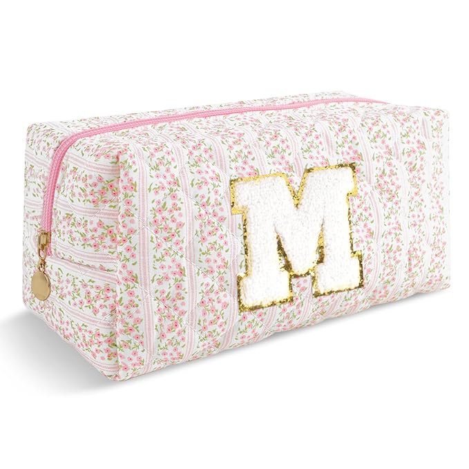 Personalized Quilted Cosmetic Bag, Puffy Monogrammed Christmas Birthday Gifts for Women & Girls, Cute initial Floral Makeup Bag Puffer Coquette Bag, Aesthetic Travel Toiletry Zipper Pouch(Pink,M)