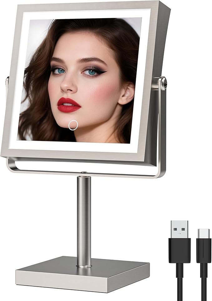 Ruacq Rechargeable Makeup Mirror, 4000mAh Lighted Makeup Mirror with Magnification1X/10X, Height Adjustable Vanity Mirror with Lights, 3 Color Lights, Adjust Brightness, 360°Rotation(Brushed Nickel)