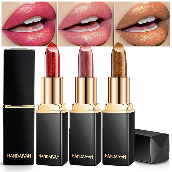 BONNIE CHOICE 3Pcs Metallic Glitter Lipstick Set, Glitter Pearl Mermaid Shimmer Lipstick Sets for Women Waterproof Long Lasting 24 Hours Lip Stick Makeup Christmas Gift Sets-04#05#06#