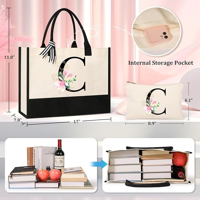 AYGE Personalized Initial Canvas Beach Tote, Monogrammed Gifts for Women, Makeup Bag, Birthday Gifts for Sister, Mom, Teacher, Bridesmaid (C)