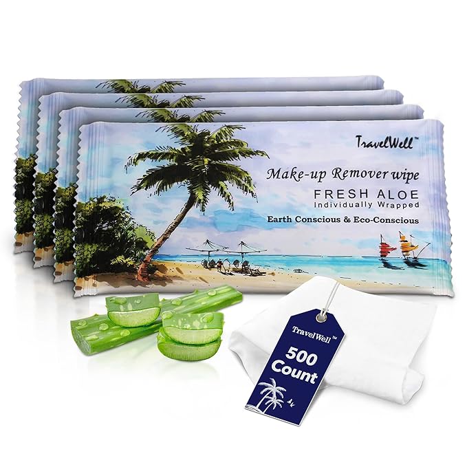 Travel Well Makeup Remover Wipes - 500 Count, Individually Wrapped - Natural Aloe Non-Woven Facial Wipes - Bulk Travel Essentials & Hotel Toiletries