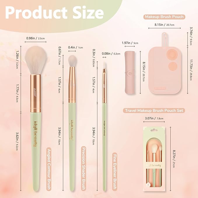 Travel Makeup Brush Set, Portable Makeup Kit with Pad Easy Clean Vegan Brush Set, ON THE GO Cosmetic Brushes Tools 4 Pcs for Women