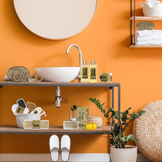 Bath Gift Set for Women, XXL 20 Pcs Skin Care Set Leopard, Slef Care Gifts Set , Mother's Day, Valentine, Birthday, Christmas, Home Spa Kits with Shower Gel, Body Lotion, Shower Cap, Manicure Set