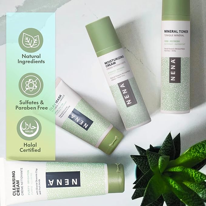 NENA Skincare Natural Skincare Kit - Cleansing Cream Face Wash - Clay Mask for Face - Mineral Hydrating Toner - Moisturizing Cream - Vegan - 4 Pc