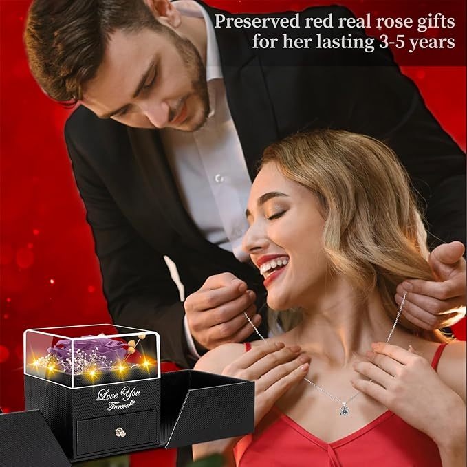 Preserved Lavender Purple Real Rose with Heart I Love You Necklace -Eternal Flowers Rose Birthday Gifts for Women Her Mom Wife Girlfriend Grandma on Valentines Mothers Day Christmas Anniversary