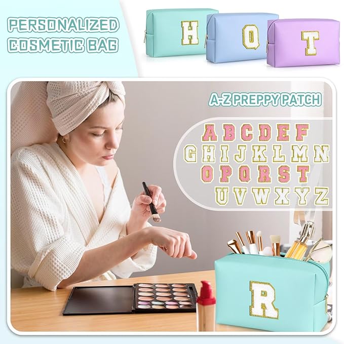 TOPEAST Preppy Makeup Bag, Cute Makeup Pouch PU Leather Waterproof Cosmetic Bag, Personalized Birthday Gifts for Mom Teacher Friends Bridesmaids Nurse, Trendy Stuff for Girls (Blue I)