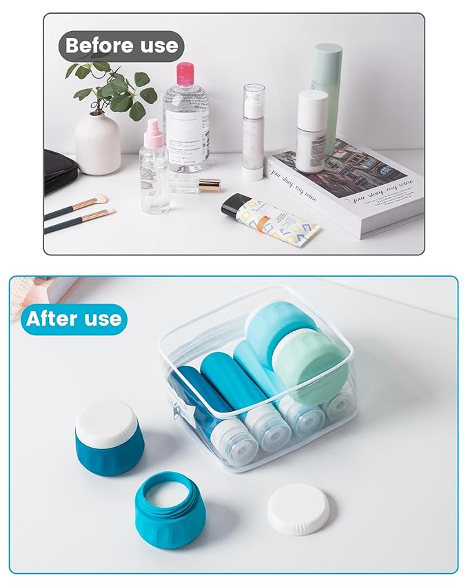 Travel Bottles for Toiletries 8 Pack, Travel Size Toiletries, Tsa Approved Travel Size Containers 3oz, with Travel Essentials Clear Bag, Leak Proof Silicone Squeezable Creams Jars