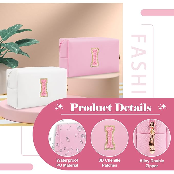 Personalized Initial A-Z Preppy Patch Makeup Bag,Small PU Leather Chenille Letter Cosmetic Bag with Zipper for Teen Girls,Pink Cute Travel Toiletry Bag,Birthday Monogrammed Gift for Daughter,Letter I