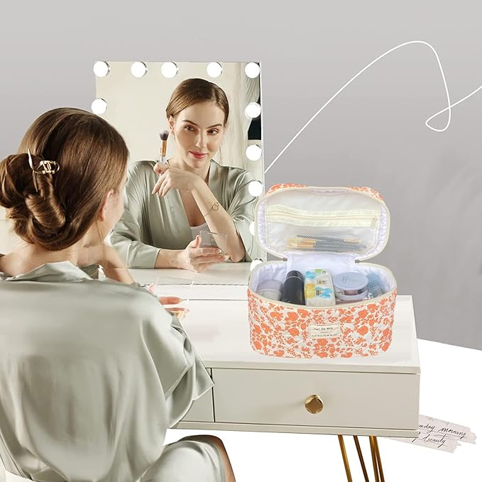 Orange Large Quilted Floral Makeup Bag Cute Soft Coquette Aesthetic Cosmetic Bag Cotton Travel Toiletry Bag for Women
