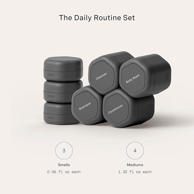 Cadence Travel Containers - Daily Routine Capsule Set - Magnetic Containers with Lids,4 Flex Mediums (1.32oz) & 3 Flex Smalls (0.56oz) - Shampoo, Conditioner, Body Wash, Pills, & More - Charcoal