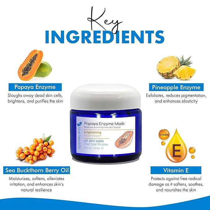 Blue Beautifly Papaya Enzyme Exfoliating Mask for Face - Enriched with Papain & Bromelain - Plant-based with No Artificial Colors or Fragrances - Restores Elasticity. Illuminates Complexion - 2 fl oz