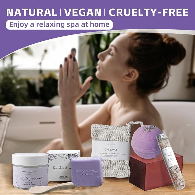 Natural Amor Lavender Spa Gifts for Women, 5pcs Handmade Spa Gift Box for Women, Soap, Clay Mask, Bath Salt, Birthday Gift for Women, Self Care Gift