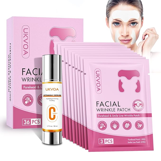 Forehead Wrinkle Patches & Smile Line Patches, Overnight Facial Wrinkle Treatment with Hyaluronic Acid, Aloe, Collagen & Vitamin E to Lift Smile Lines for Women 36pcs with Vitamin C Serum