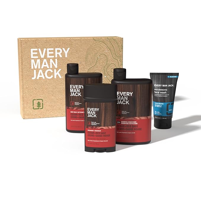 Every Man Jack Men’s Cedar + Red Sage Bath and Body Gift Set - Clean Ingredients & a Cedar, Sage, and Spice scent - Round Out His Routine with Men’s Body Wash, 2-in-1 Shampoo, Deodorant & Face Wash