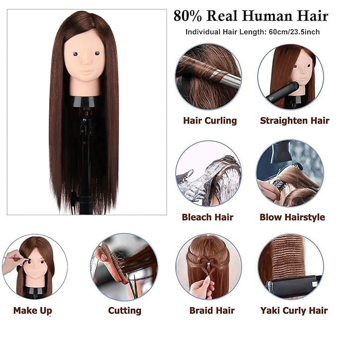 Mannequin Head Human Hair, Beauty Star Doll Head for Practice Hair Styling, 80% Real Hair Cosmetology Makeup Hairdressing Training Manicanequin Head with Clamp Stand + DIY Braiding Set