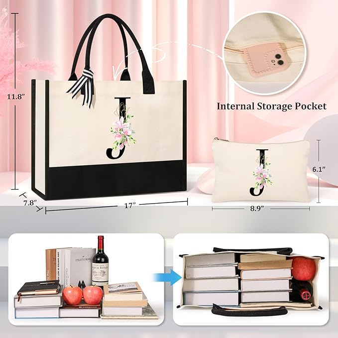 AYGE Personalized Initial Canvas Beach Tote, Monogrammed Gifts for Women, Makeup Bag, Birthday Gifts for Sister, Mom, Teacher, Bridesmaid