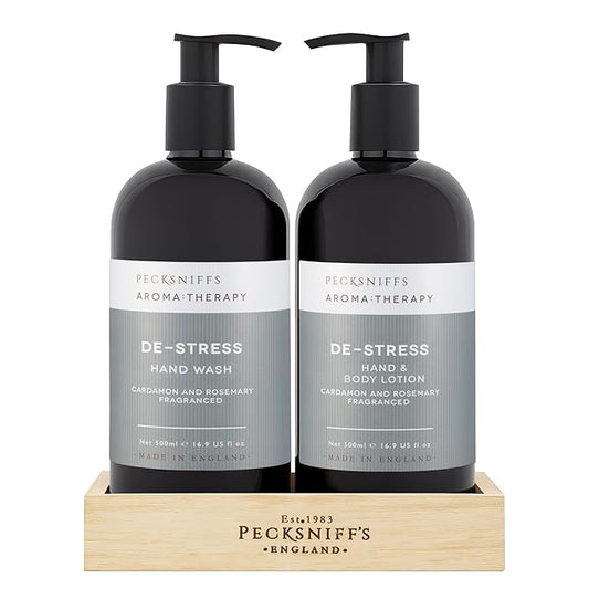 Pecksniff's Aroma:Therapy De-Stress Duo Caddy, 500 ml/16.9 fl oz Hand Wash and 500 ml/16.9 fl oz Hand & Body Lotion
