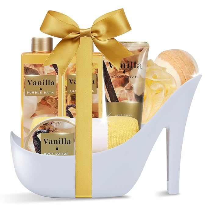 Cozy Vanilla Gifts for Women Spa Basket, High Heel Bath Set with Bubble Bath & Shea Butter, Christmas Birthday Gifts for Mom, Her, Best Friend