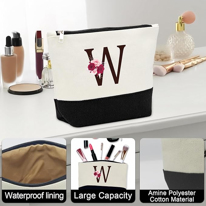Birthday Gifts for Women,Initial Canvas Tote Bag,Initial Gift for Women,16oz Initial Glass Cup,Initial Makeup Bag with Zipper,Jewelry Organizer Box,Personalized Gifts for Mom-W