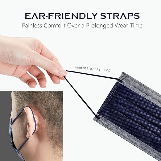 CSD Colo 50 Pcs Navy Blue Disposable Face Masks, 3 Ply Adult Mask with Elastic Ear Loop, Nose Bridge Clip, Breathable Comfortable Mask Great for Indoor, Outdoors Use (Denim Blue)