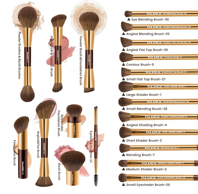 MAANGE 20 PCS Foundation Makeup Brush Set, Double-ended Kabuki Contour Brush for Liquid Powder Concealer Blending Blush Makeup Tools (Coffee Gold)
