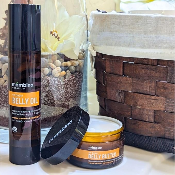 Mambino Organics Oh Baby! Belly Oil for Pregnant Women, Organic Stretch Mark Oil for Pregnancy, Postpartum Skin Elasticity, Hydration, Tamanu, Shea Butter, Calendula, Vegan, Non-GMO, 4 fl oz, 2-Pack