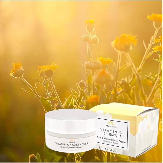Calendula + Vitamin C Brightening Face Cream – Hydrating, Firming, Antioxidant-Rich Moisturizer – Lightweight, Non-Greasy, Non-GMO, No Parabens or Sulphates – 2 oz Jar