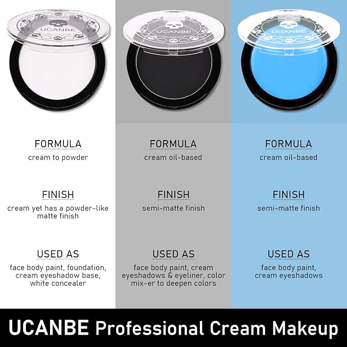 White Black & Light Blue Face Body Paint for Halloween Sally & Corpse Bride Makeup, Non-Toxic Face Painting Kit with Brushes for Kids Adults Smurf Avatar Mermaid & Demon Costume Cosplay SFX Make Up