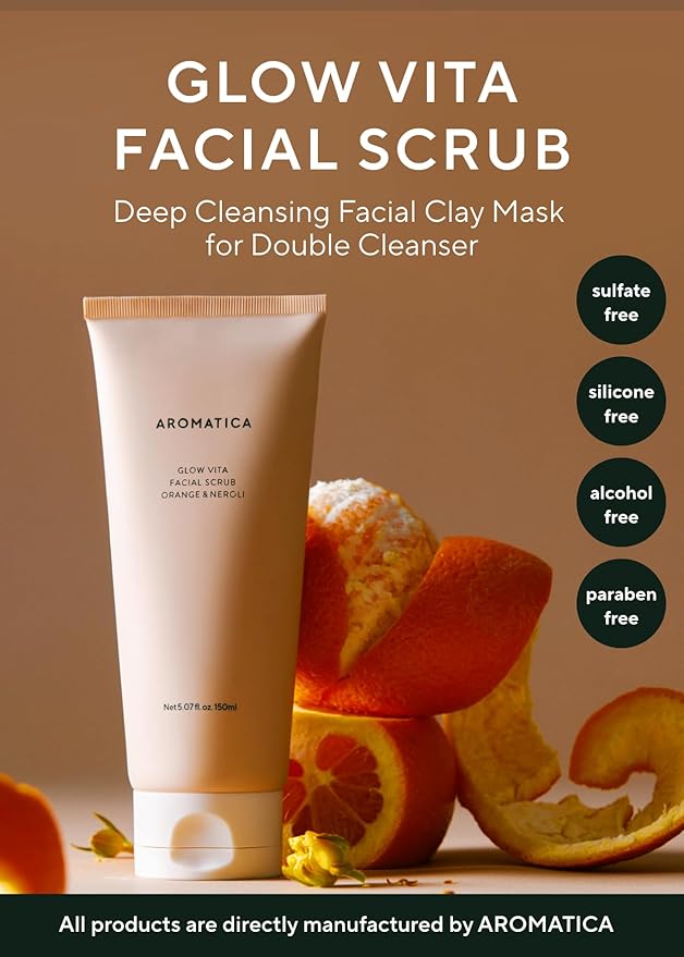AROMATICA Glow Vita Facial Scrub Orange & Neroli – Vitamin C Gentle exfoliating face wash for sensitive skin - Gently Scrub and Cleans Blackheads, Whiteheads, Pore Dirt for a Fresh Glow (5.07 Fl Oz)