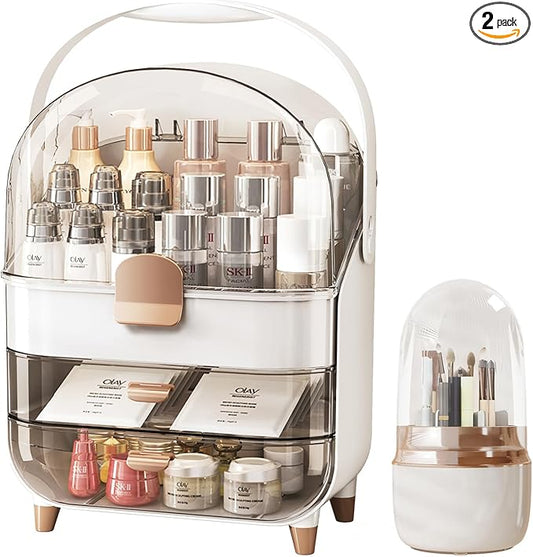 Cosmetics Organizer Set - Makeup Box with with Brush Holder, Skin Care Storage Organizer with Transparent Drawers and Cover, Portable Handle, Dust Proof Makeup Organizer for Vanity, White & Gold