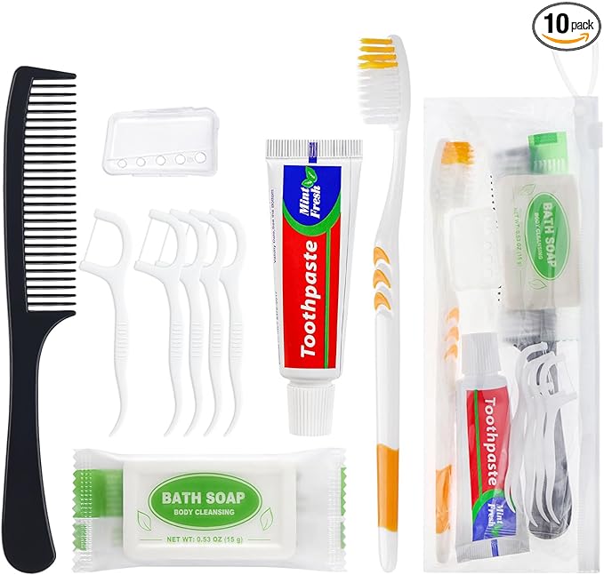 Personal Care Travel Toiletries Sets Bulk - Pack of 10,Disposable Toothbrushes with Toothpaste and Floss,Comb,Soap,Cover,Zip Bag 7-IN-1 Travel Size Toiletry Kit for Hotel,Guest,Homeless,Charity,Church