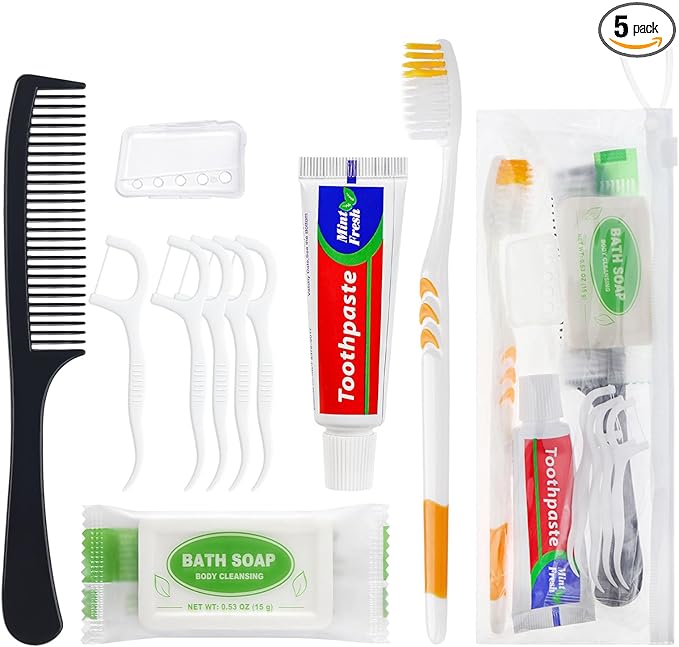 Personal Care Travel Toiletries Sets Bulk - Pack of 5,Disposable Toothbrushes with Toothpaste and Floss,Comb,Soap,Cover,Zip Bag 7-in-1 Travel Size Toiletry Kit for Hotel,Guest,Homeless,Charity,Church