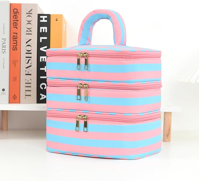 Three Layer Makeup Bag for Women Fashion Stripes Cosmetic Bag Preppy Style Travel Water-Resistant Toiletry Bag for Storage Toiletries Cosmetics Sets for Women Teen Girls Blue