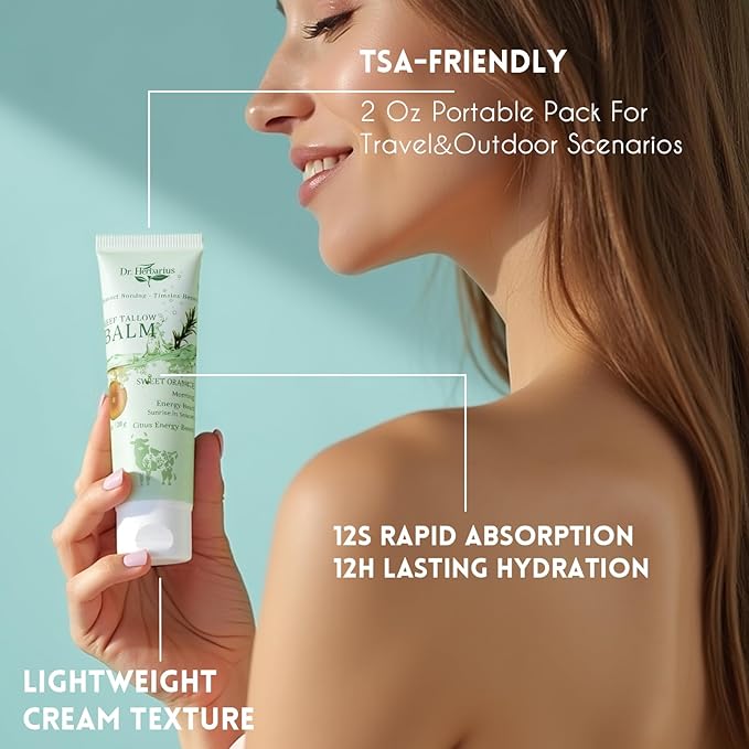 Beef Tallow for Skin — Travel Size Organic Tallow and Honey Balm, Revitalize Skin for Morning, Suitable for Dry&Wrinkled Skincare, 100% Natural, Deep Hydration, Sweet Orange, 2 * 1 Oz.