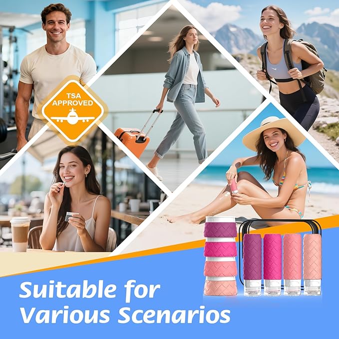 16 Pack Travel Bottles for Toiletries, TSA Approved Travel Size Toiletries Containers Set BPA-Free Silicone Leak Proof Refillable Bottles Stackable Creams Jars Accessories Kit W/Clear Bag Purplish Red