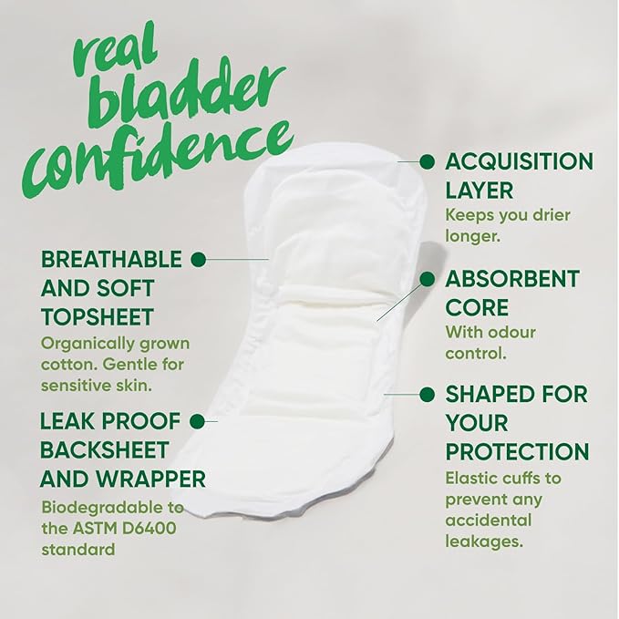 Oi | Organic Initiative Incontinence Pads for Women, Certified Organic Cotton Topsheet, Odor Control, Breathable and Hypoallergenic, Absorbs up to 10floz, Regular (10.6 inches) 44 Pads