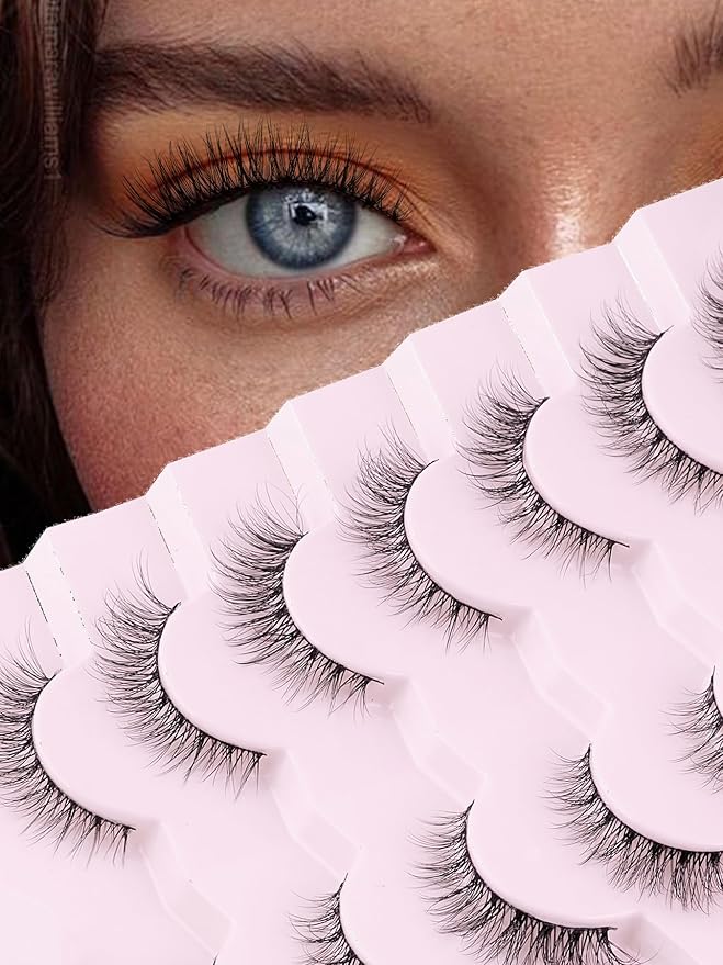Natural Lashes Wispy Cat Eye Lashes 12mm False Eyelashes Natural Look Strip Lashes Thin Cotton Band Soft Eyelashes 3D Volume Lashes Pack C Curl Siligli Eyelashes 7 Pair
