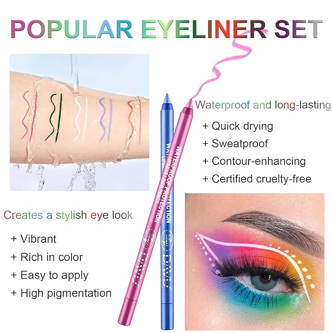 15 Colorful Eyeliner Pen Set, Eye Shadow Pencil, Pearl Eyeliner Kit Metallic Glitter Colored Eye liner for Women Eye&Lip Liner Professional Waterproof Eye Makeup