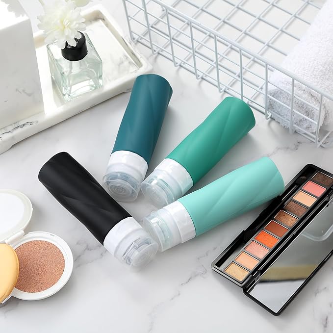 Gemice Travel Bottles - 3oz TSA Approved Containers, BPA Free, Leak Proof, Squeezable Silicone, Clear Toiletry Bag (4 Pack)