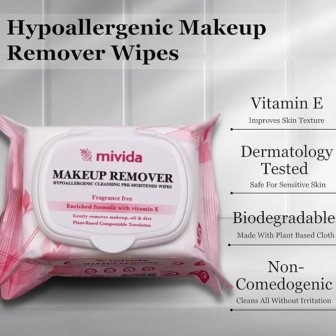 mivida Hypoallergenic Makeup Remover Wipes 2 Pack of 25 Count | Biodegradable Facial Cleansing Make up Remover Face Wipes with Vitamin E | Fragrance Free, Alcohol Free, Plant Based 50 Count wipes