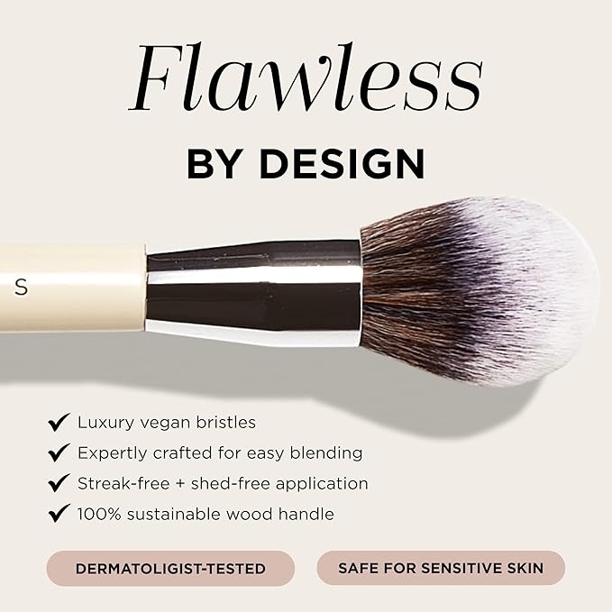 HALEYS Powder Brush VEGAN+CRUELTY-FREE, Soft, Streak-free, Perfect Blending, Buff, Blurs, Smooths, Control, Precision, Complexion tools, For powder, setting powder, blush, Sustainable Wood Handle