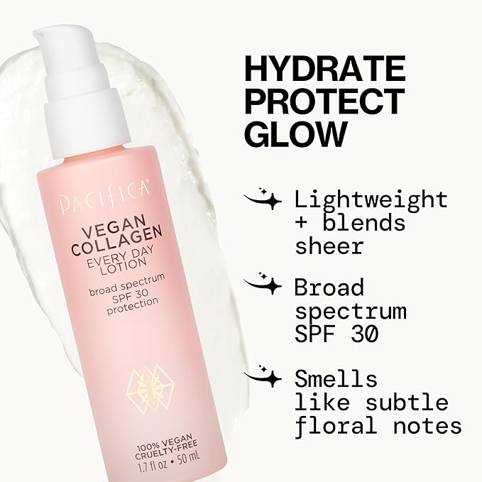 Pacifica Beauty Vegan Collagen SPF 30 Broad Spectrum Sunscreen Every Day Face Lotion, UVA/UVB Protection for All Skin Types, Lightweight, Moisturizing & Hydrating, Cruelty Free, White, 1.7 Fl Oz