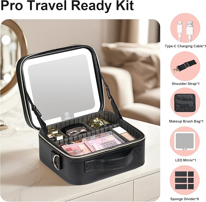 BEAUTY CASE Makeup Bag with Led Mirror, 10 Inch Portable Travel Cosmetic Organizer Case with Adjustable Dividers, USB Charging, Large Capacity, Ideal for Travel, Gift for Women Girls, Black
