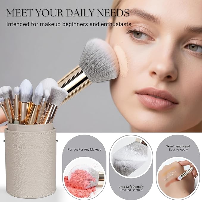 Makeup Brush Set, 18 Pcs Make up Brushes for Face and Eye with Travel Case – Natural Wood Handles – Unique Pointed Design, Makeup Brushes for Professional & Beginner Makeup Lovers (Gray)