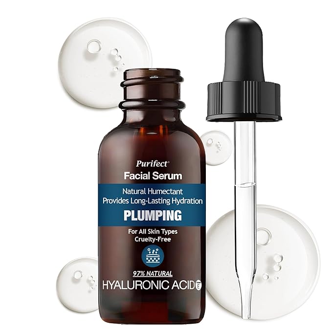 MADE IN USA NATUAL100 HYALURONIC ACID Facial Serum for Plumping Anti Aging Hydrating Glowing Skin with Vitamin E Pairs Well with Vitamin C Face Serum & Hylunaric Acid Moisturizer PURIFECT 30ml 1fl/oz