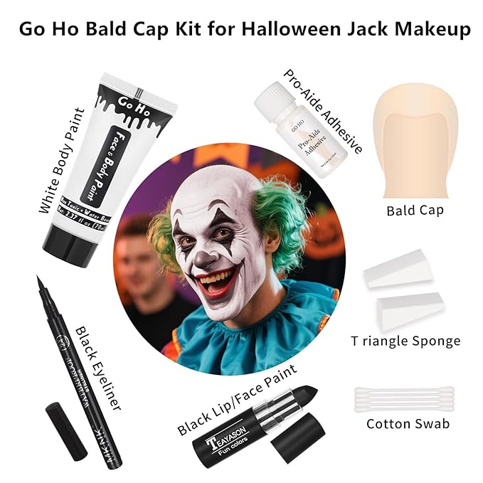 Go Ho Halloween Makeup Kit for Jack Cosplay Costume - Complete 8-Piece Professional Skeleton Makeup with Bald Cap,Pro-Aide Adhesive,White Body Paint,Black Lipstick,Black Eyeliner & Applicators