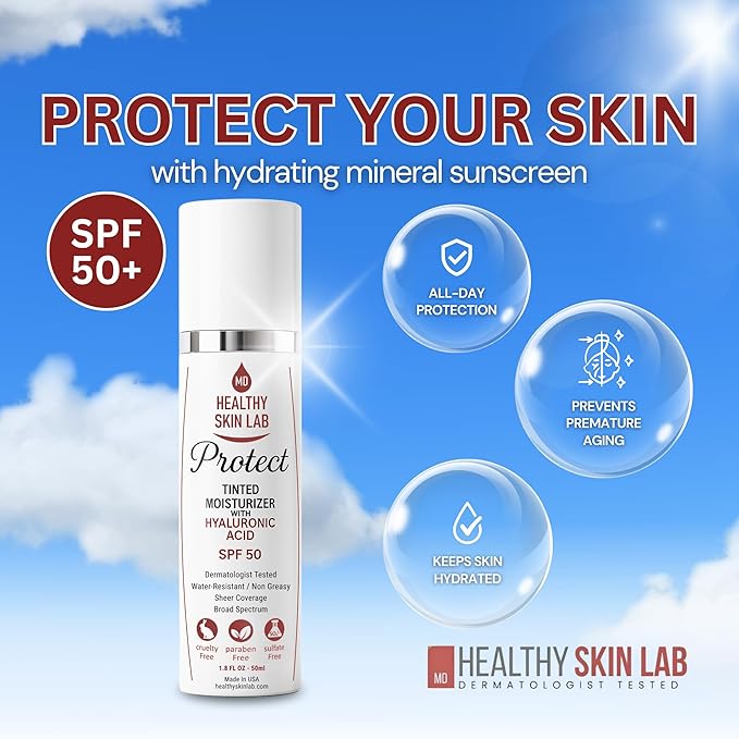 Protect Tinted Moisturizer & Mineral Sunscreen SPF 50, Anti-Aging, Lightweight Makeup With Broad Spectrum UV Protection + Hyaluronic Acid, Dermatologist-Tested, All Skin Types, 1.8 oz