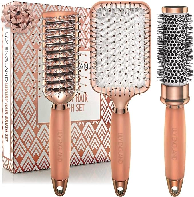 Luxury Hair Brush Gift Set for Women & Girls - Lily England 3-Piece Professional Styling Collection - Premium Ladies Gift Set | Elegant Gifts for Women for All Hair Types - Rose Gold