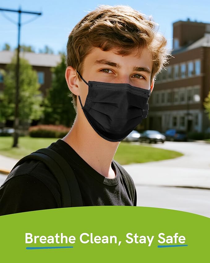 FriCARE Disposable Face Masks, 3-Ply ASTM Level 3 Medical Grade, FSA/HSA Eligible, Breathable & Comfortable for Allergy/Sun Protection, 50 Pack Black