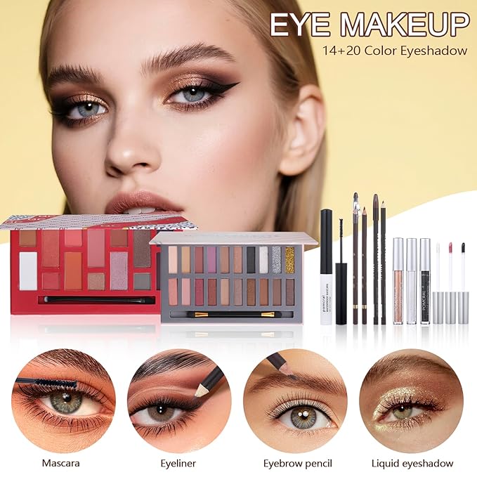 Makeup Kit For Women Girls, Makeup Set For Teens beginners, Full Makeup Kit With Everything Carrying Bag, Eyeshadow Palette, Foundation, Concealer, Lipstick, Brushes (14 & 20 Color eyeshaow Kit)